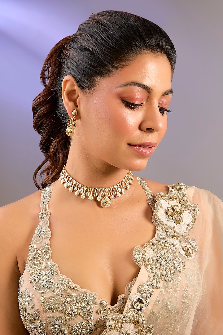 Gold Finish Kundan Polki Necklace Set by Zevar by Geeta at Pernia's Pop Up Shop