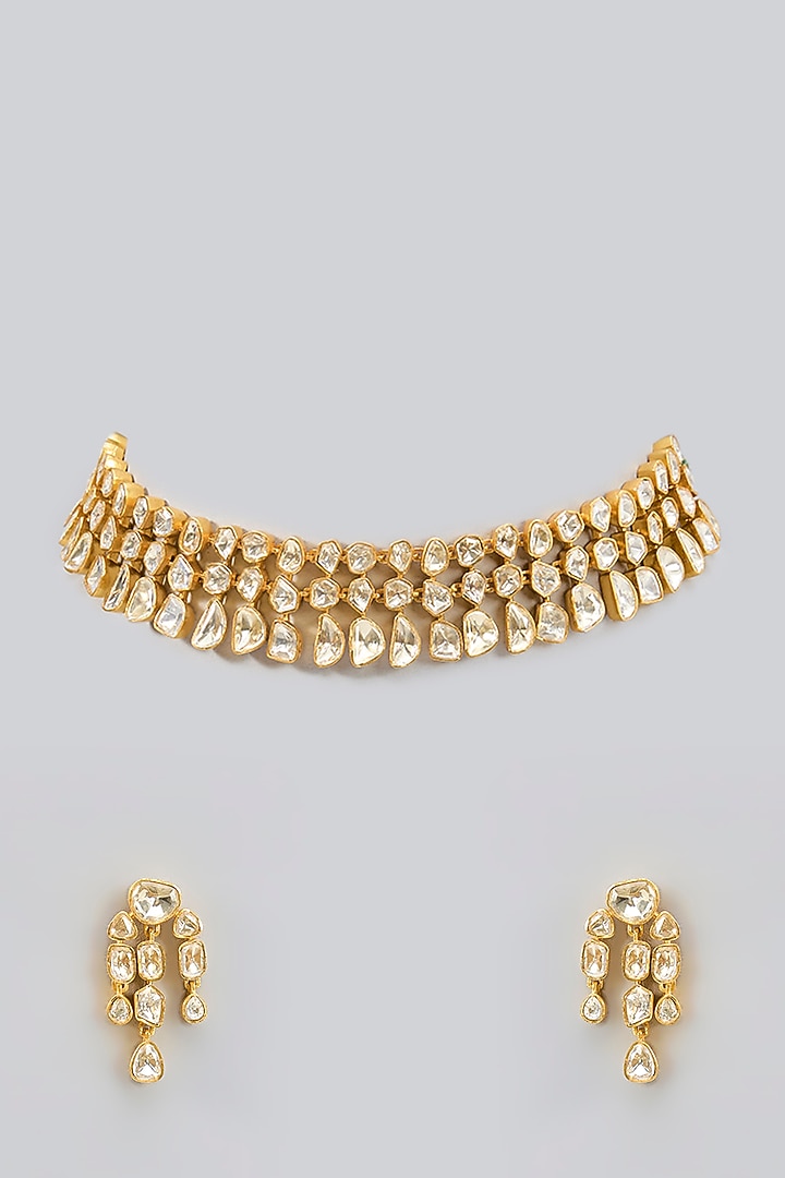 Gold Finish Moissanite Polki Necklace Set by Zevar by Geeta at Pernia's Pop Up Shop