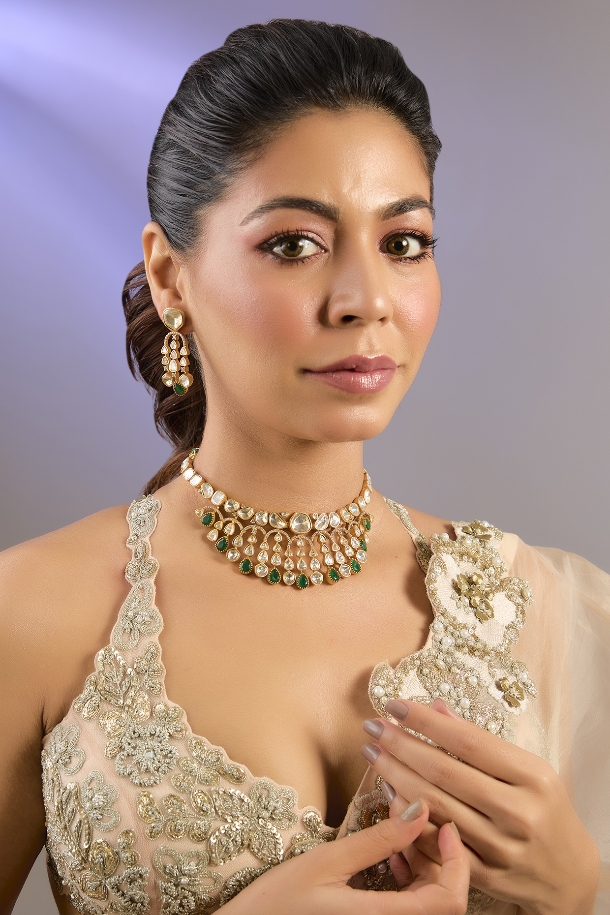 Gold Finish Moissanite Polki & Green Stone Necklace Set by Zevar by Geeta at Pernia's Pop Up Shop