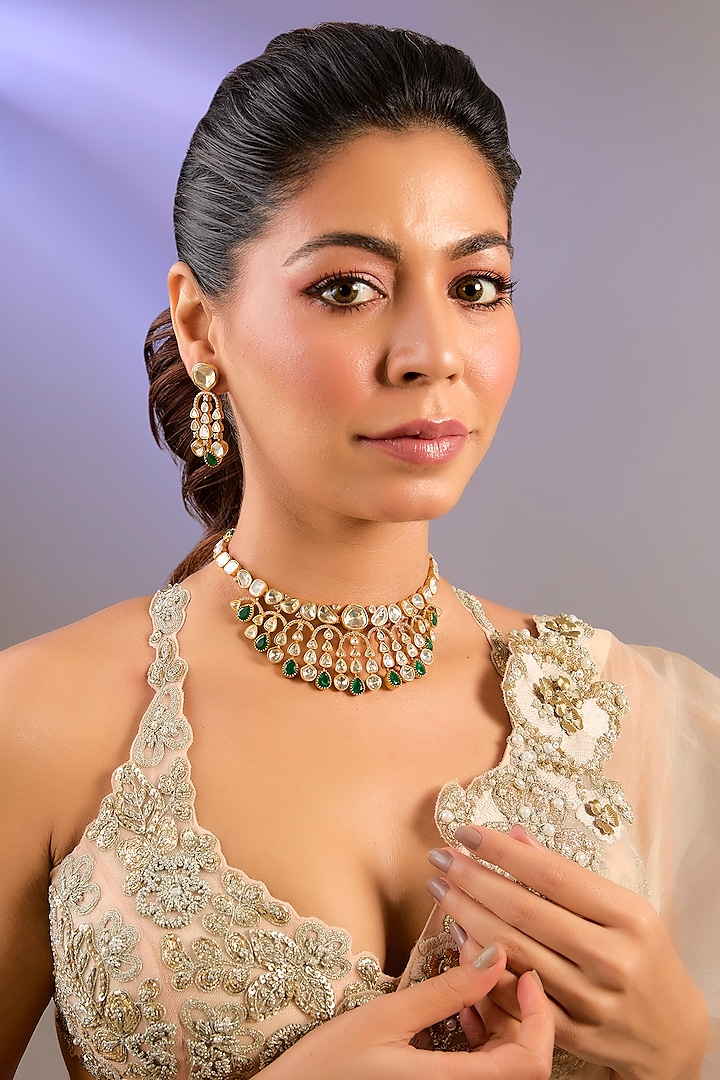 Gold Finish Moissanite Polki & Green Stone Necklace Set by Zevar by Geeta at Pernia's Pop Up Shop