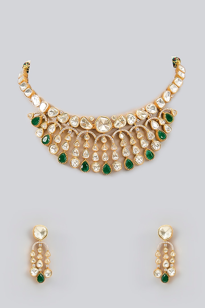 Gold Finish Moissanite Polki & Green Stone Necklace Set by Zevar by Geeta at Pernia's Pop Up Shop