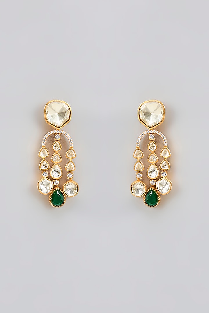 Gold Finish Moissanite Polki & Green Stone Necklace Set by Zevar by Geeta at Pernia's Pop Up Shop
