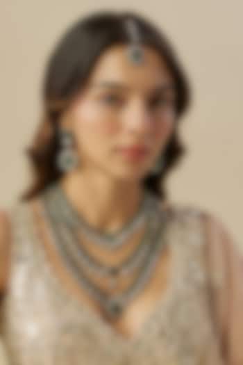 Two-Tone Finish Kundan Polki & Emerald Stones Layered Necklace Set by Zevar By Geeta at Pernia's Pop Up Shop