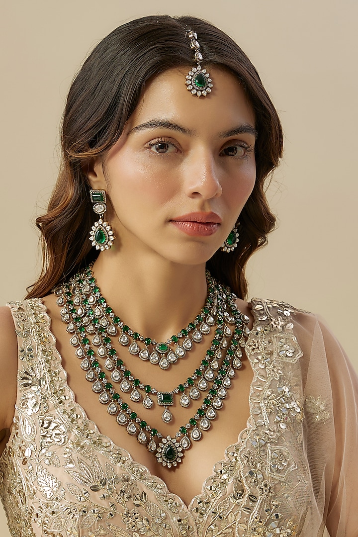 Two-Tone Finish Kundan Polki & Emerald Stones Layered Necklace Set by Zevar By Geeta at Pernia's Pop Up Shop
