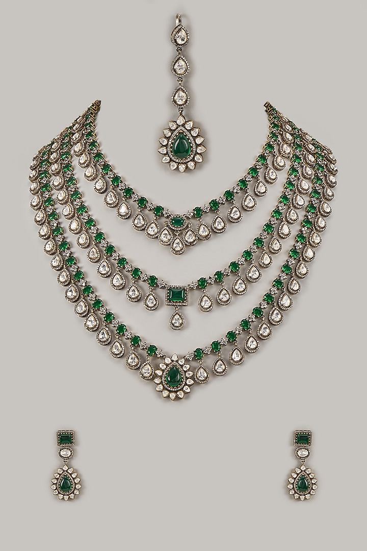 Two-Tone Finish Kundan Polki & Emerald Stones Layered Necklace Set by Zevar By Geeta at Pernia's Pop Up Shop