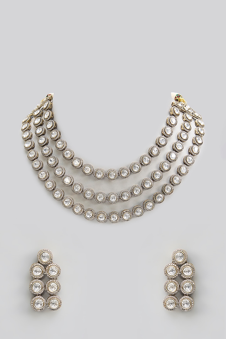 Two Tone Finish Kundan Polki Layered Necklace Set by Zevar by Geeta at Pernia's Pop Up Shop