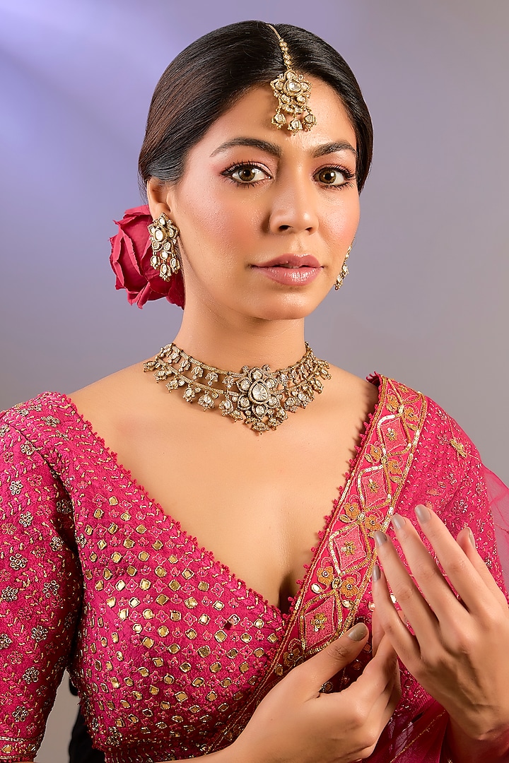 Gold Finish Moissanite Polki Necklace Set by Zevar by Geeta at Pernia's Pop Up Shop