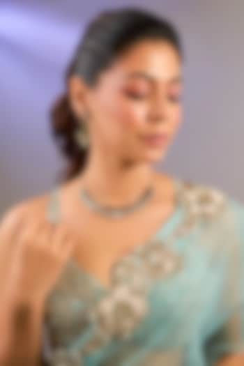 Gold Finish Moissanite Polki & Green Stone Necklace Set by Zevar by Geeta at Pernia's Pop Up Shop