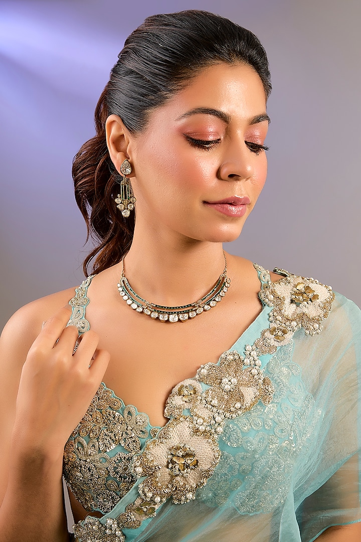 Gold Finish Moissanite Polki & Green Stone Necklace Set by Zevar by Geeta at Pernia's Pop Up Shop