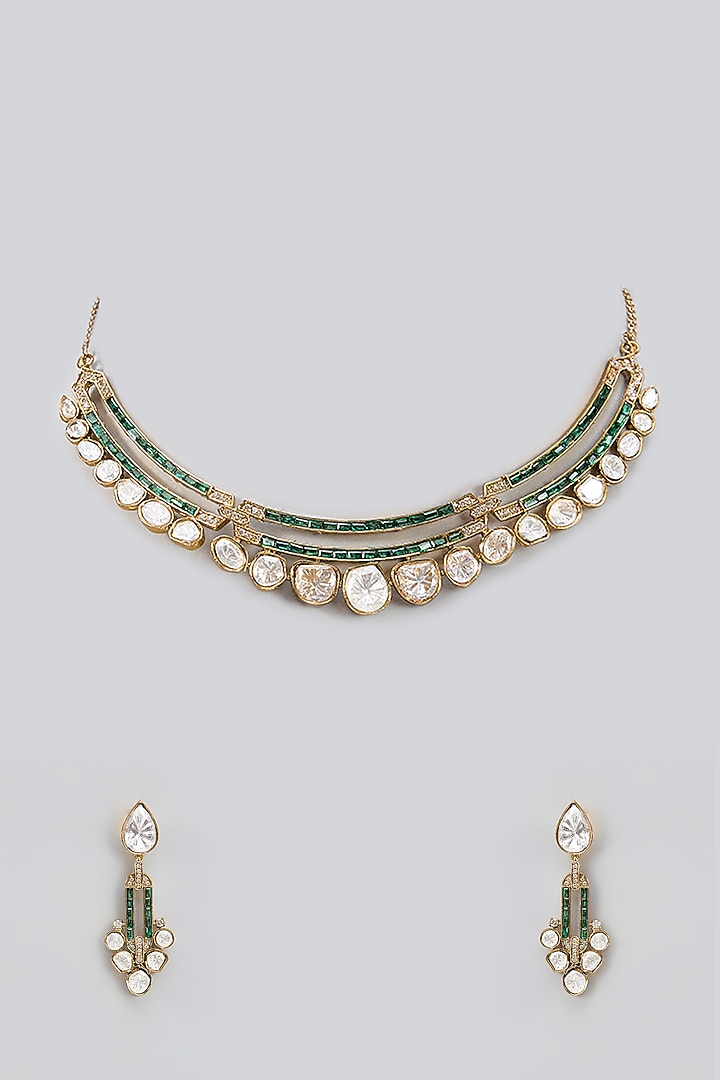 Gold Finish Moissanite Polki & Green Stone Necklace Set by Zevar by Geeta at Pernia's Pop Up Shop