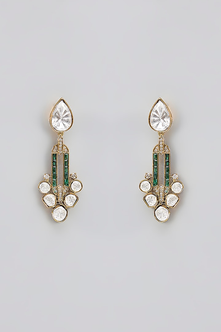 Gold Finish Moissanite Polki & Green Stone Necklace Set by Zevar by Geeta at Pernia's Pop Up Shop