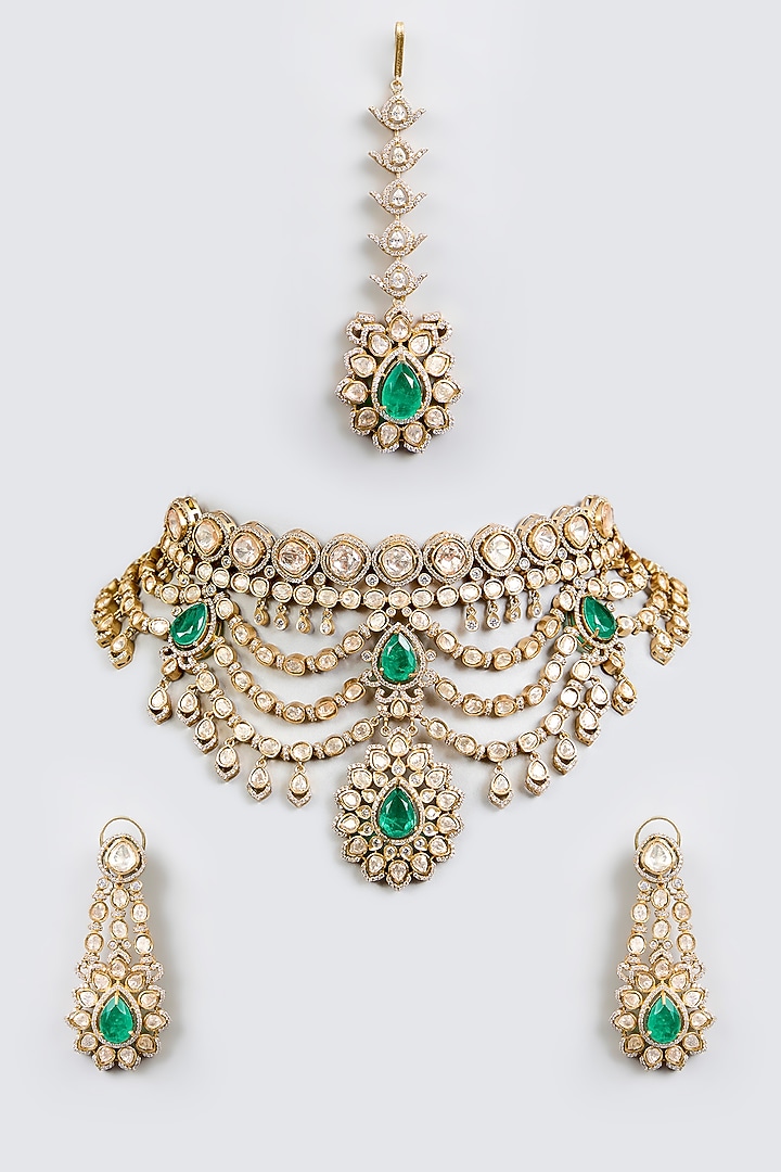 Two-Tone Finish Kundan Polki & Green Stone Choker Necklace Set by Zevar By Geeta at Pernia's Pop Up Shop