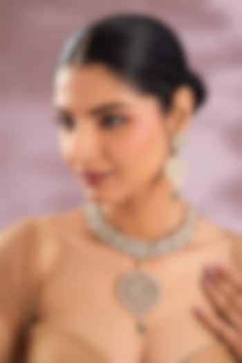 Gold Finish Kundan Polki & Pearl Drop Long Pendant Necklace Set by Zevar By Geeta at Pernia's Pop Up Shop