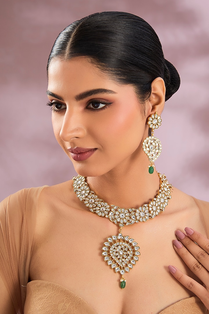 Gold Finish Kundan Polki & Pearl Drop Long Pendant Necklace Set by Zevar By Geeta at Pernia's Pop Up Shop