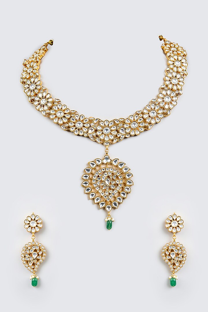 Gold Finish Kundan Polki & Pearl Drop Long Pendant Necklace Set by Zevar By Geeta at Pernia's Pop Up Shop