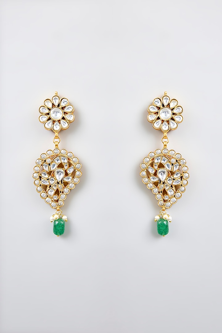 Gold Finish Kundan Polki & Pearl Drop Long Pendant Necklace Set by Zevar By Geeta at Pernia's Pop Up Shop