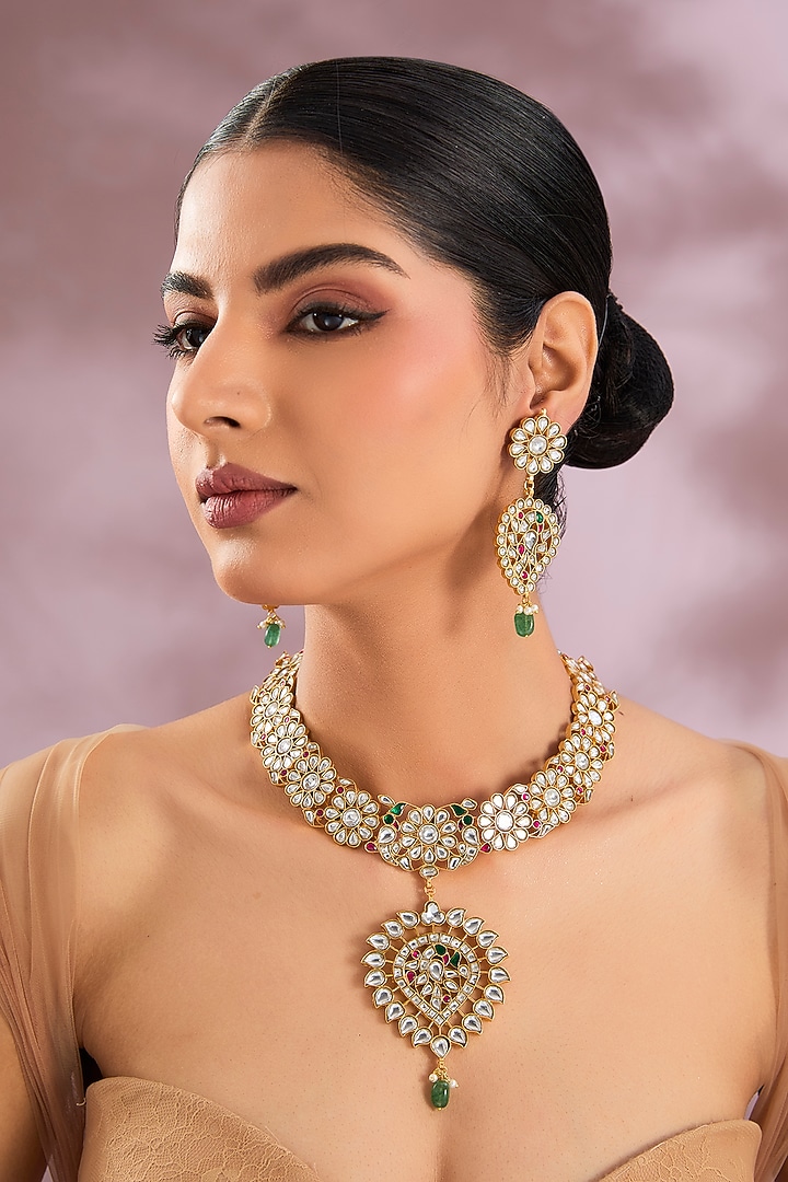 Gold Finish Kundan Polki & Pearl Drop Long Pendant Necklace Set by Zevar By Geeta at Pernia's Pop Up Shop