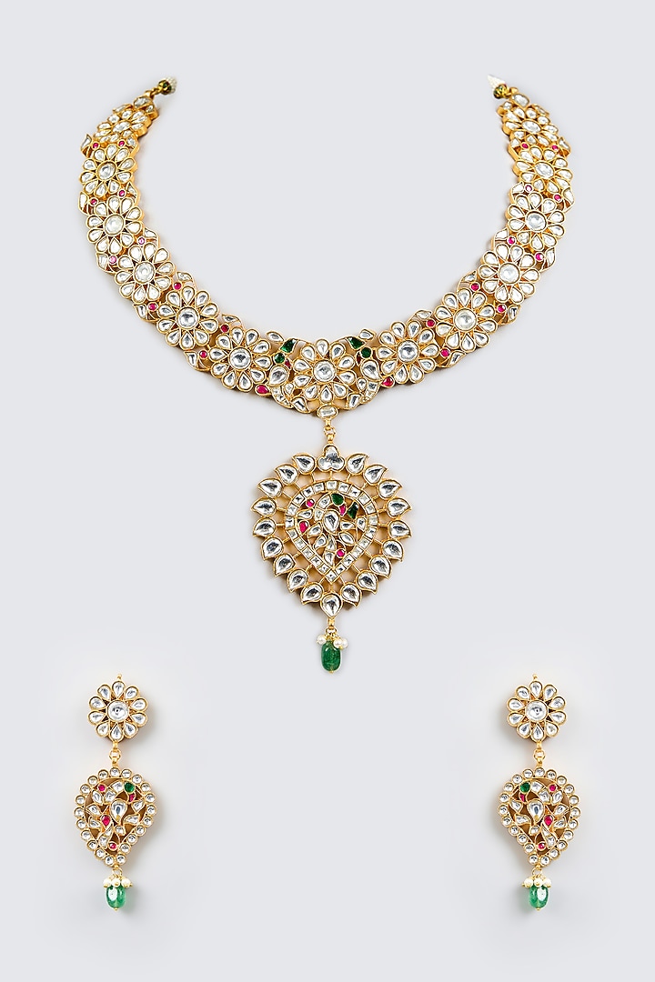 Gold Finish Kundan Polki & Pearl Drop Long Pendant Necklace Set by Zevar By Geeta at Pernia's Pop Up Shop