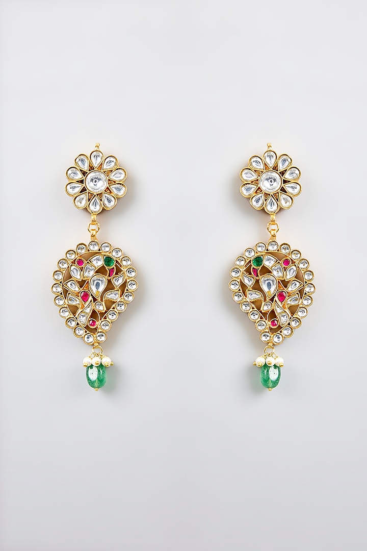 Gold Finish Kundan Polki & Pearl Drop Long Pendant Necklace Set by Zevar By Geeta at Pernia's Pop Up Shop