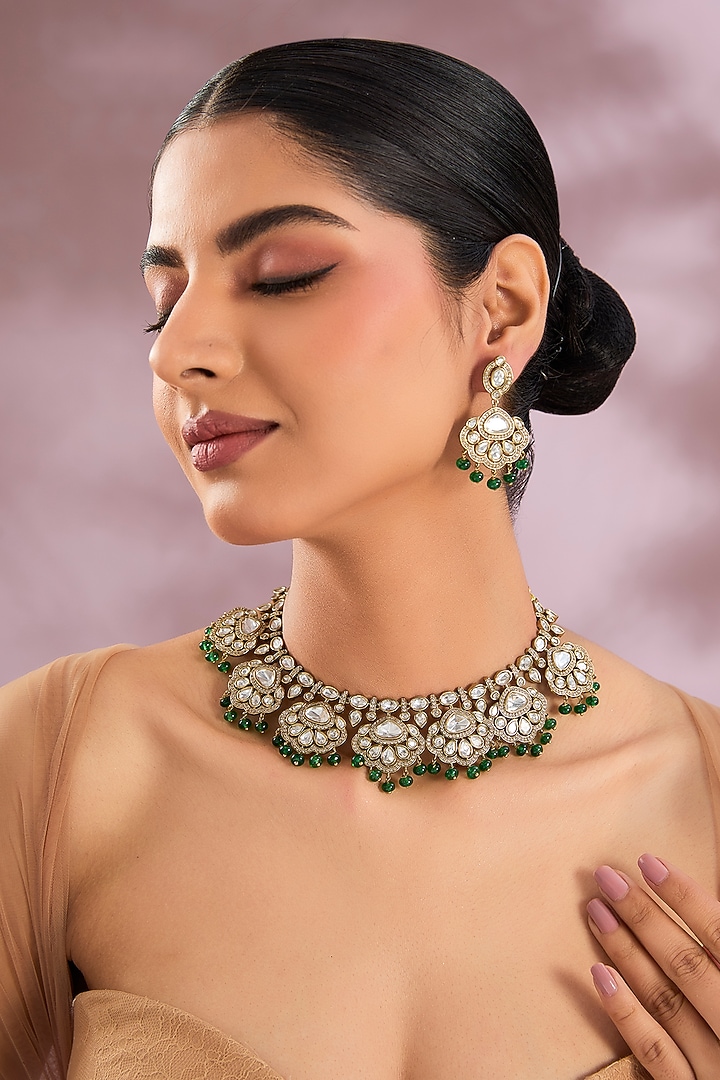 Two-Tone Finish Kundan Polki & Green Pearl Choker Necklace Set by Zevar By Geeta at Pernia's Pop Up Shop