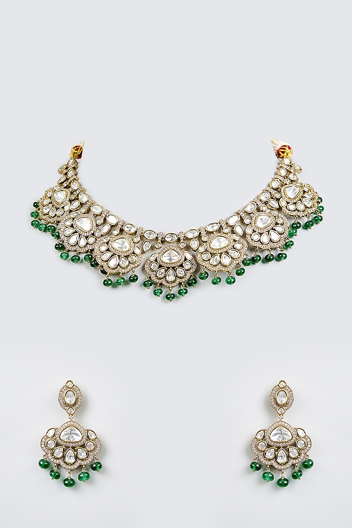 Two-Tone Finish Kundan Polki & Green Pearl Choker Necklace Set by Zevar By Geeta at Pernia's Pop Up Shop