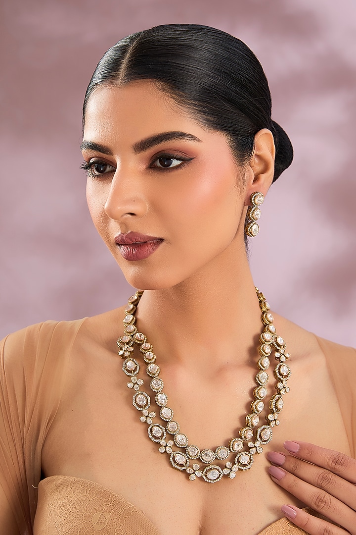 Two-Tone Finish Kundan Polki Long Layered Necklace Set by Zevar By Geeta at Pernia's Pop Up Shop