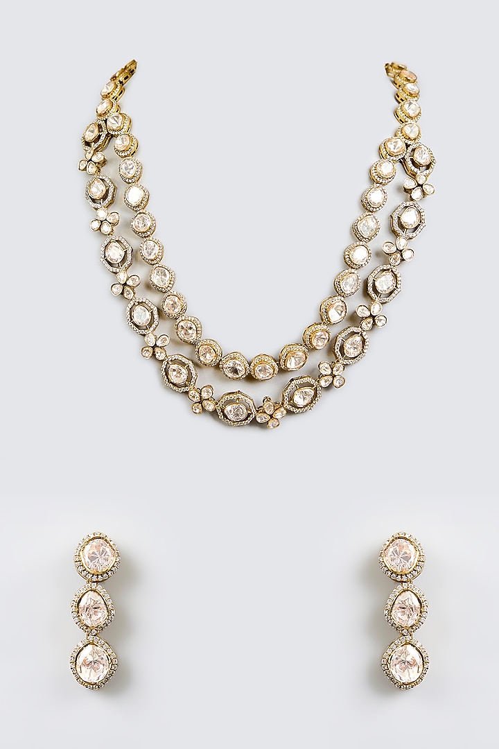Two-Tone Finish Kundan Polki Long Layered Necklace Set by Zevar By Geeta at Pernia's Pop Up Shop