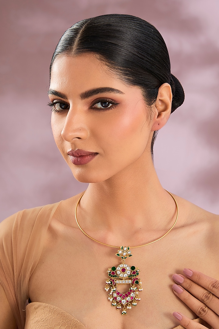 Gold Finish Kundan Polki & Multi-Colored Stone Hasli Necklace by Zevar By Geeta at Pernia's Pop Up Shop