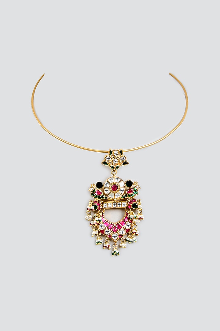 Gold Finish Kundan Polki & Multi-Colored Stone Hasli Necklace by Zevar By Geeta at Pernia's Pop Up Shop