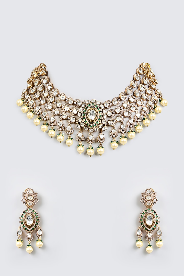 Two-Tone Finish Kundan Polki & Pearl Choker Necklace Set by Zevar By Geeta at Pernia's Pop Up Shop