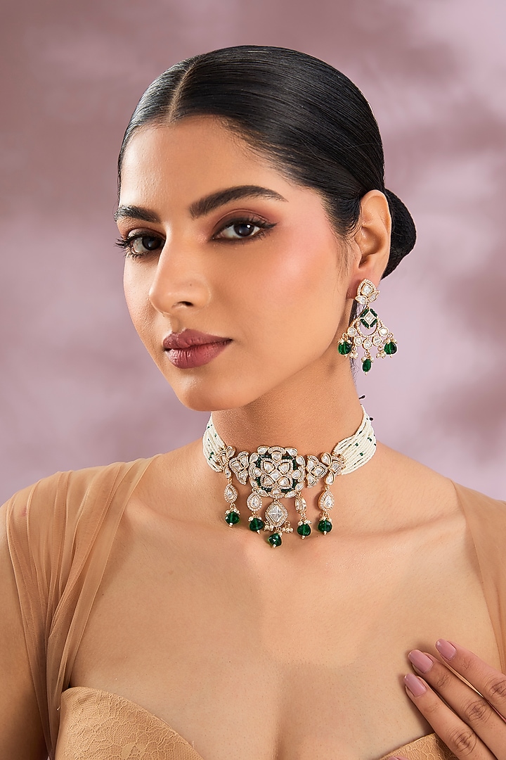 Two-Tone Finish Kundan Polki & Green Stone Choker Necklace Set by Zevar By Geeta at Pernia's Pop Up Shop