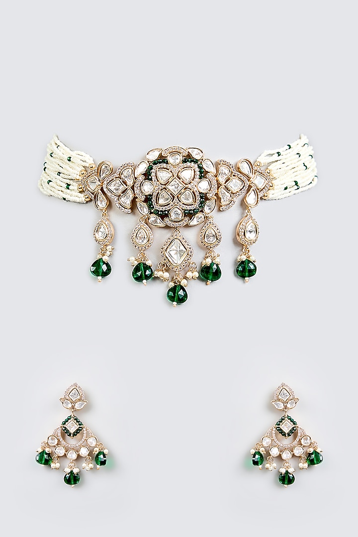 Two-Tone Finish Kundan Polki & Green Stone Choker Necklace Set by Zevar By Geeta at Pernia's Pop Up Shop