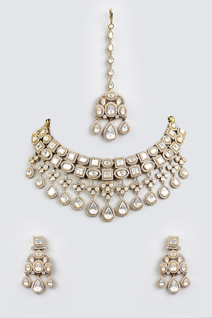 Two-Tone Finish Kundan Polki Choker Necklace Set by Zevar By Geeta at Pernia's Pop Up Shop