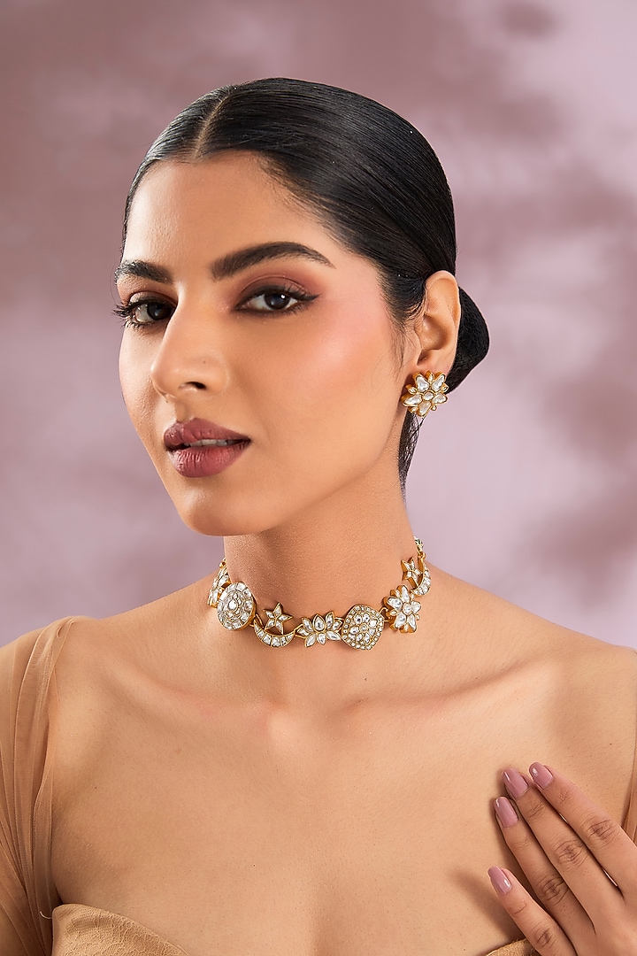 Gold Finish Kundan Polki Choker Necklace Set by Zevar By Geeta at Pernia's Pop Up Shop