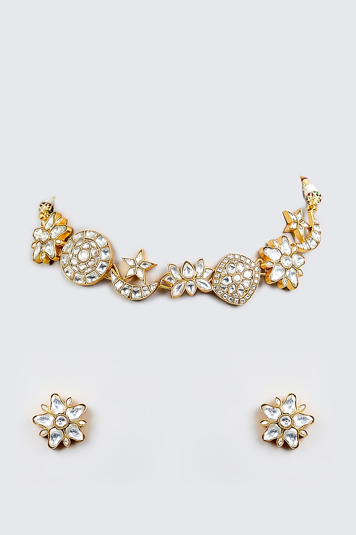 Gold Finish Kundan Polki Choker Necklace Set by Zevar By Geeta at Pernia's Pop Up Shop