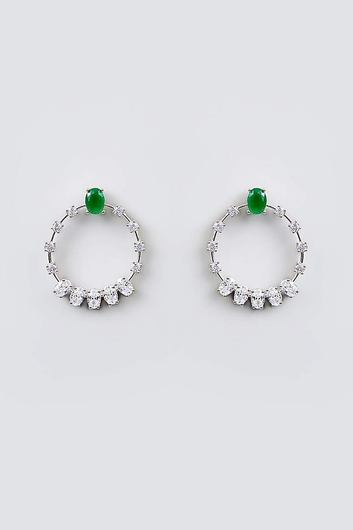 White Finish Diamond & Emerald Stone Hoop Earrings by Zevar By Geeta at Pernia's Pop Up Shop