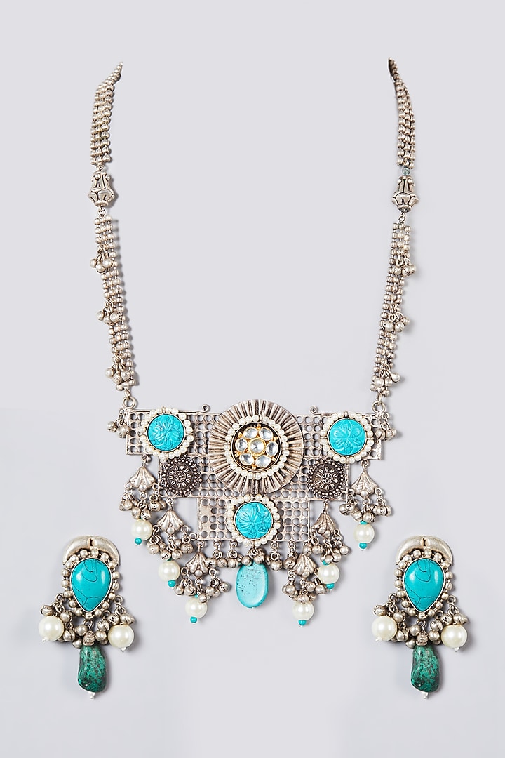 Metal Oxidised Turquoise Natural Stone Long Necklace Set by Zevar By Geeta at Pernia's Pop Up Shop