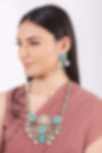 Metal Oxidised Turquoise Natural Stone Long Necklace Set by Zevar By Geeta at Pernia's Pop Up Shop