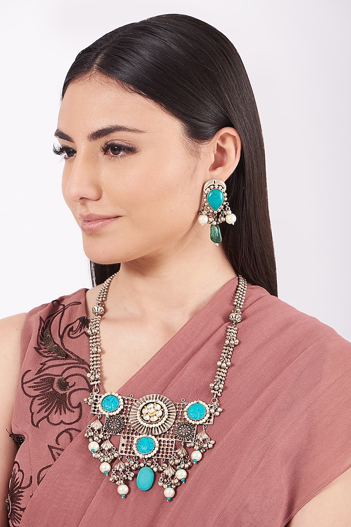 Metal Oxidised Turquoise Natural Stone Long Necklace Set by Zevar By Geeta at Pernia's Pop Up Shop