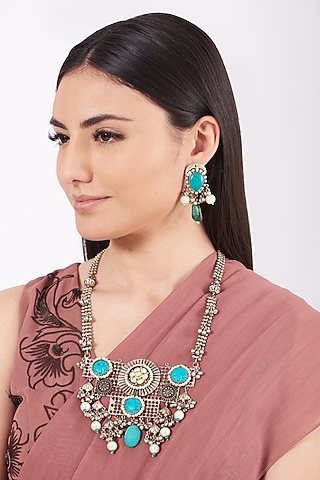 Metal Oxidised Turquoise Natural Stone Long Necklace Set by Zevar By Geeta