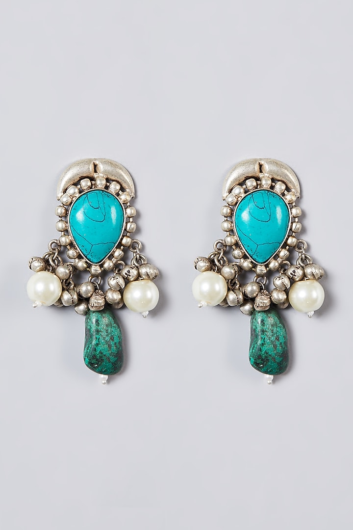 Metal Oxidised Turquoise Natural Stone Long Necklace Set by Zevar By Geeta at Pernia's Pop Up Shop