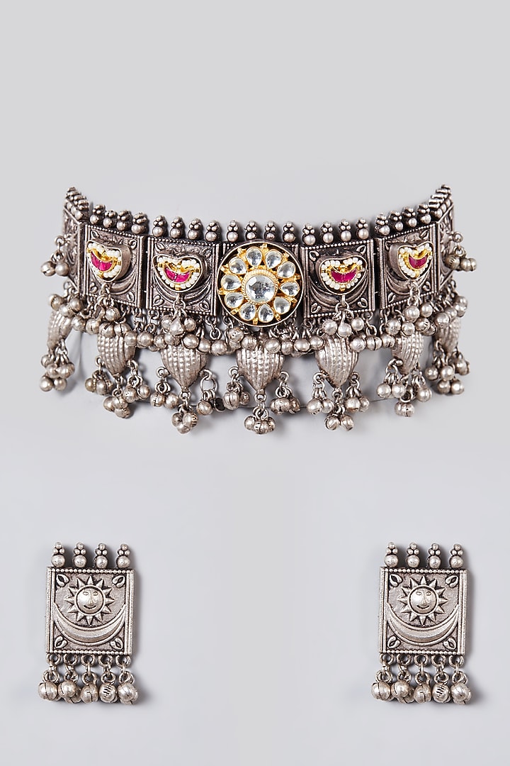Metal Oxidised Kundan & Natural Stone Choker Necklace Set by Zevar By Geeta at Pernia's Pop Up Shop