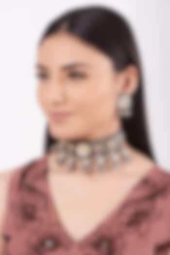 Metal Oxidised Kundan & Natural Stone Choker Necklace Set by Zevar By Geeta at Pernia's Pop Up Shop