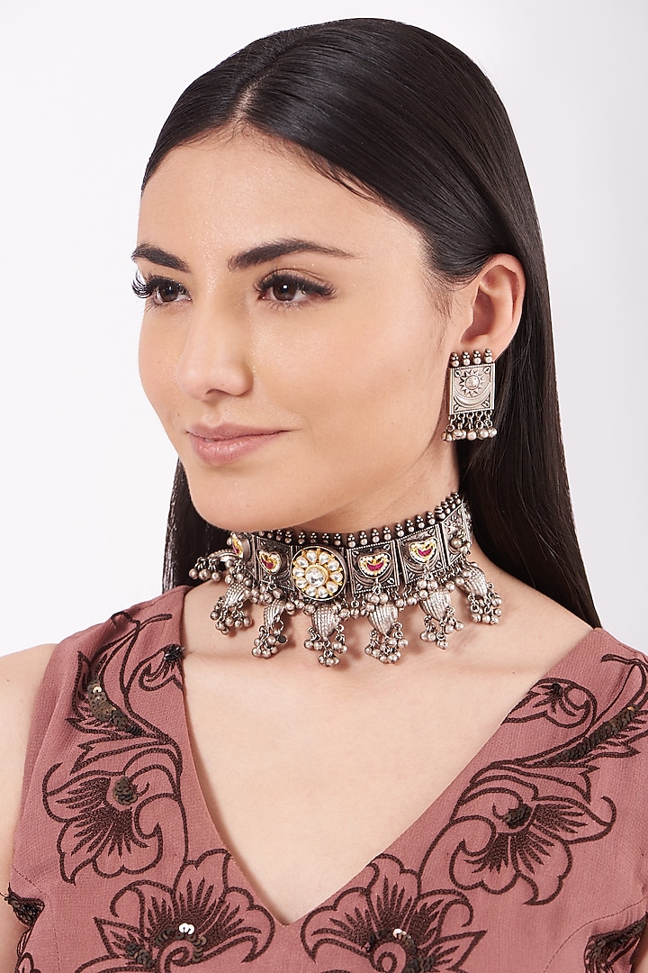 Metal Oxidised Kundan & Natural Stone Choker Necklace Set by Zevar By Geeta at Pernia's Pop Up Shop