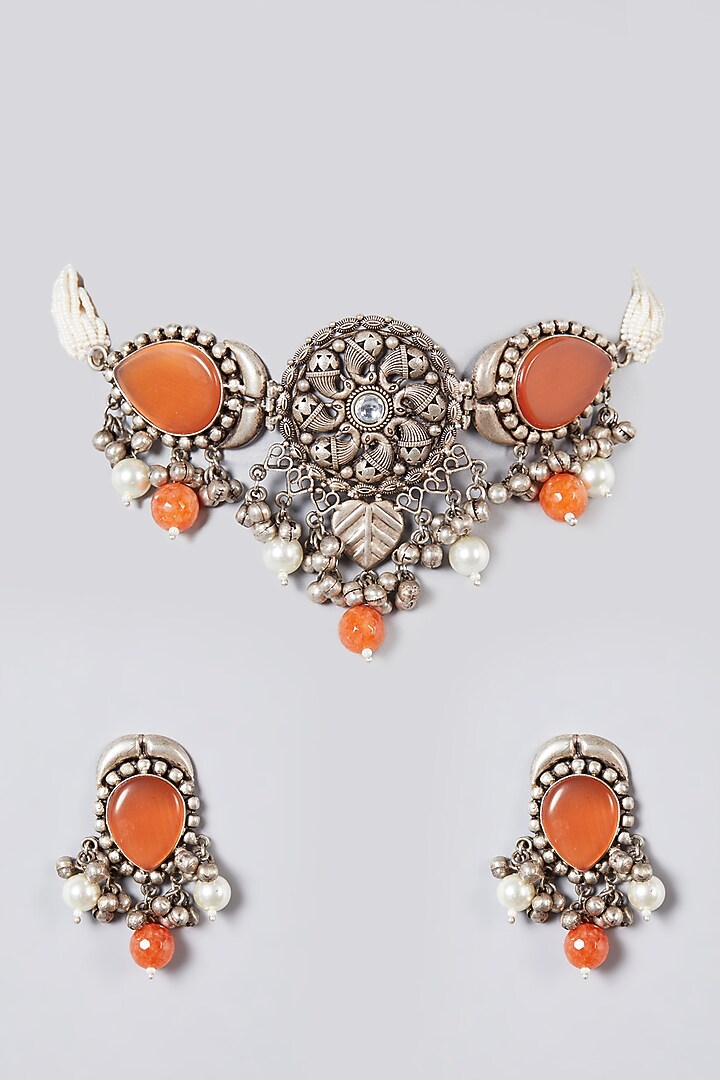 Metal Oxidised Peach Natural Stone Choker Necklace Set by Zevar By Geeta at Pernia's Pop Up Shop