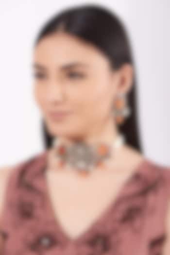Metal Oxidised Peach Natural Stone Choker Necklace Set by Zevar By Geeta at Pernia's Pop Up Shop