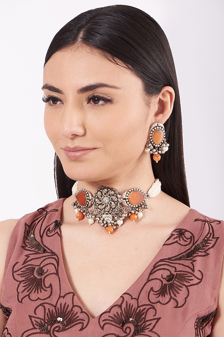 Metal Oxidised Peach Natural Stone Choker Necklace Set by Zevar By Geeta at Pernia's Pop Up Shop
