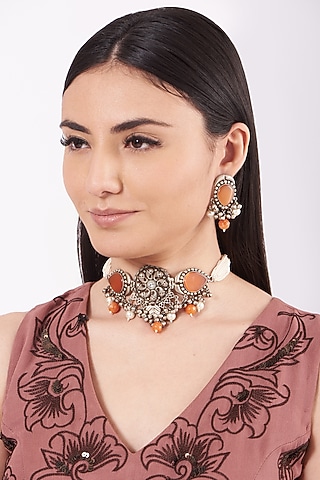 Metal Oxidised Peach Natural Stone Choker Necklace Set by Zevar By Geeta