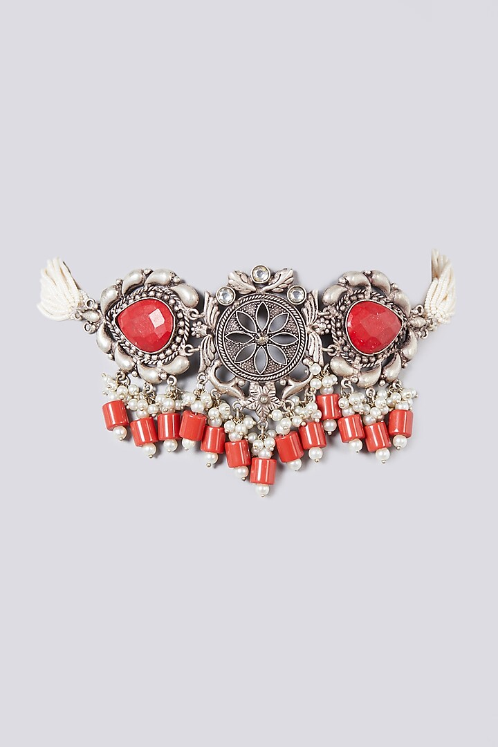 Metal Oxidised Dark Orange Natural Stone Choker Necklace by Zevar By Geeta at Pernia's Pop Up Shop