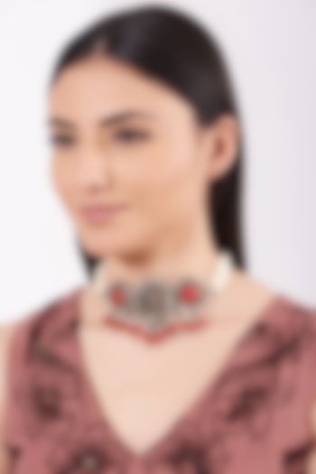 Metal Oxidised Dark Orange Natural Stone Choker Necklace by Zevar By Geeta at Pernia's Pop Up Shop